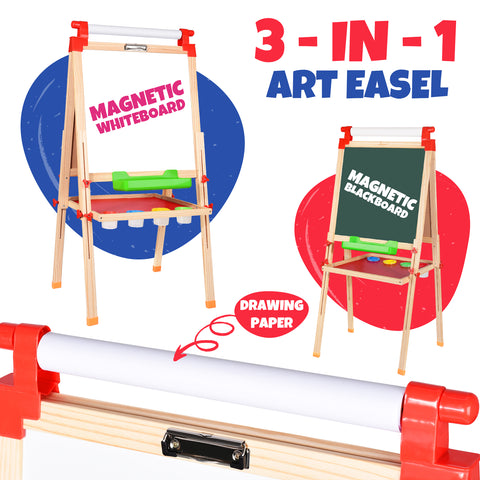 Joyooss Art Easel for Kids, Height Adjustable Standing Wooden Kid Easel,Double-Sided Magnetic Dry Erase Whiteboard & Chalkboard, All-in-One Child's Easel with Bonus 100+ Toddler Painting Art Supplies