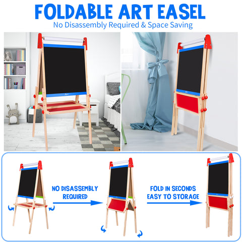 Joyooss Easel for Kids, Wooden Whiteboard & Chalkboard Easel, Foldable Height Adjustable Double Sided Art Easel for Toddlers with Paper Roll, Magnetic Letters, Marker