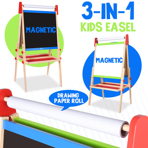 Joyooss Easel for Kids, Wooden Whiteboard & Chalkboard Easel, Foldable Height Adjustable Double Sided Art Easel for Toddlers with Paper Roll, Magnetic Letters, Marker