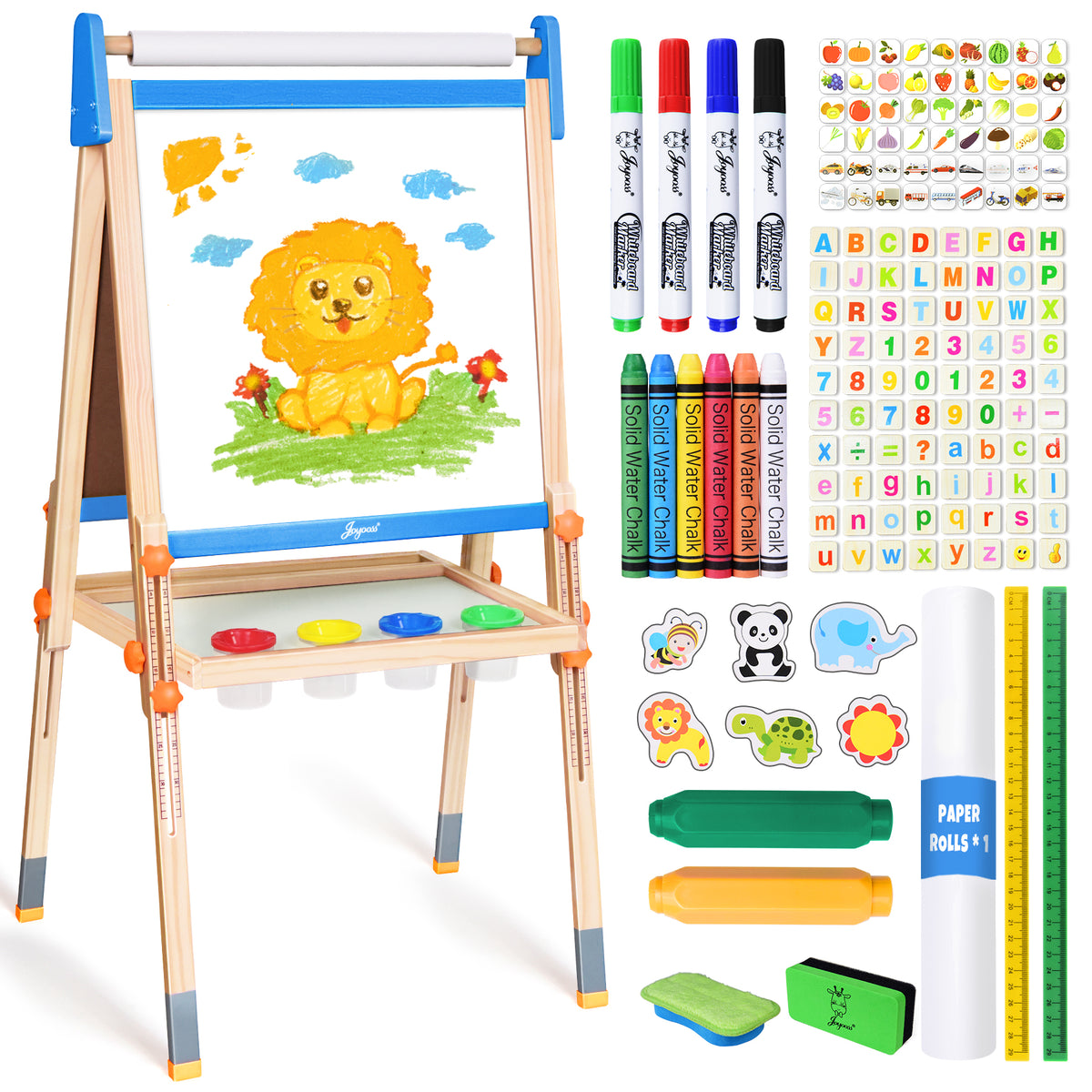 Joyooss Art Easel for Kids, Double-Sided Magnetic Children's Easel with Whiteboard & Chalkboard, Deluxe Standing Wooden Easel for Toddler with Paper Roll & Painting Accessories