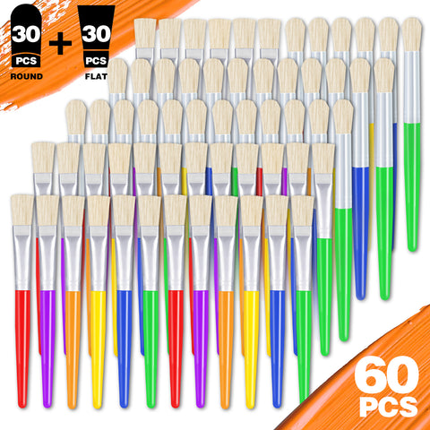 Joyooss 60PCS Paint Brushes for Kids 30Pcs Round&30Pcs Flat