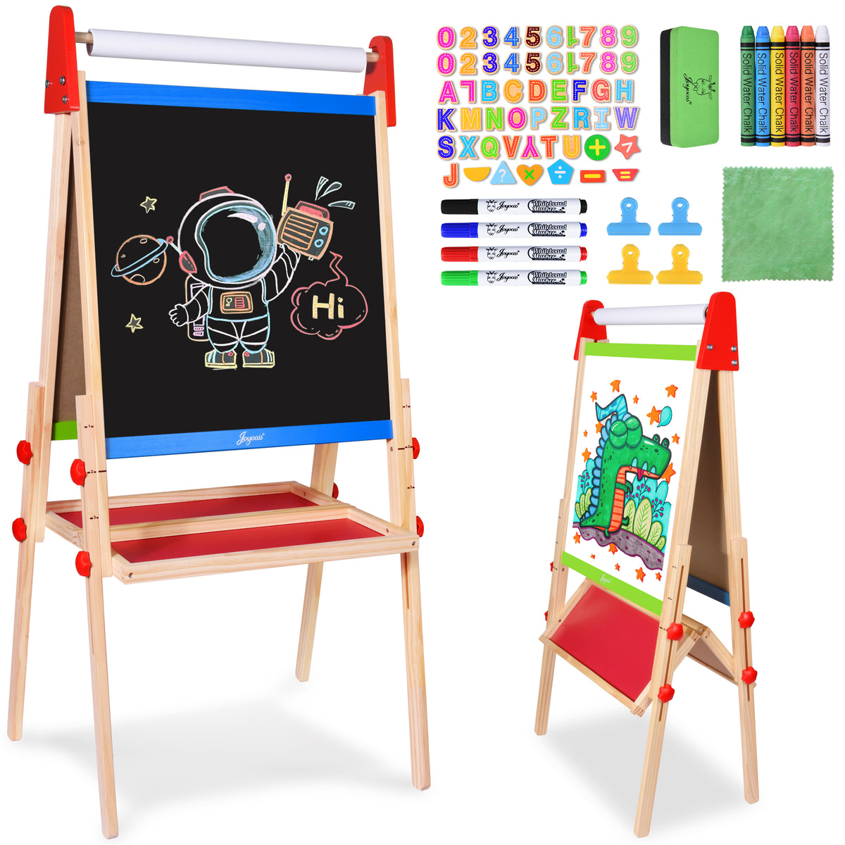 Joyooss Easel for Kids, Wooden Whiteboard & Chalkboard Easel, Foldable Height Adjustable Double Sided Art Easel for Toddlers with Paper Roll, Magnetic Letters, Marker