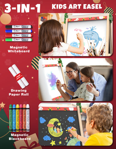 Kids Easel Wooden Double-Sided with Paper Roll Joyooss 135 Christmas