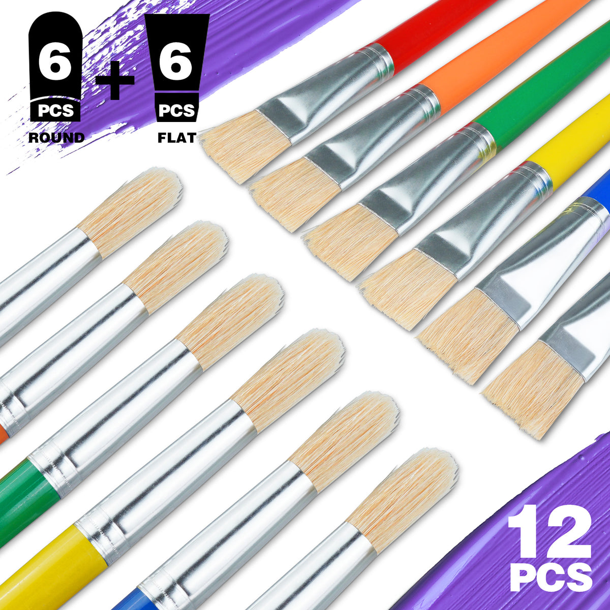 Joyooss 12Pcs Paint Brushes for Kids 6Pcs Round & 6Pcs Flat