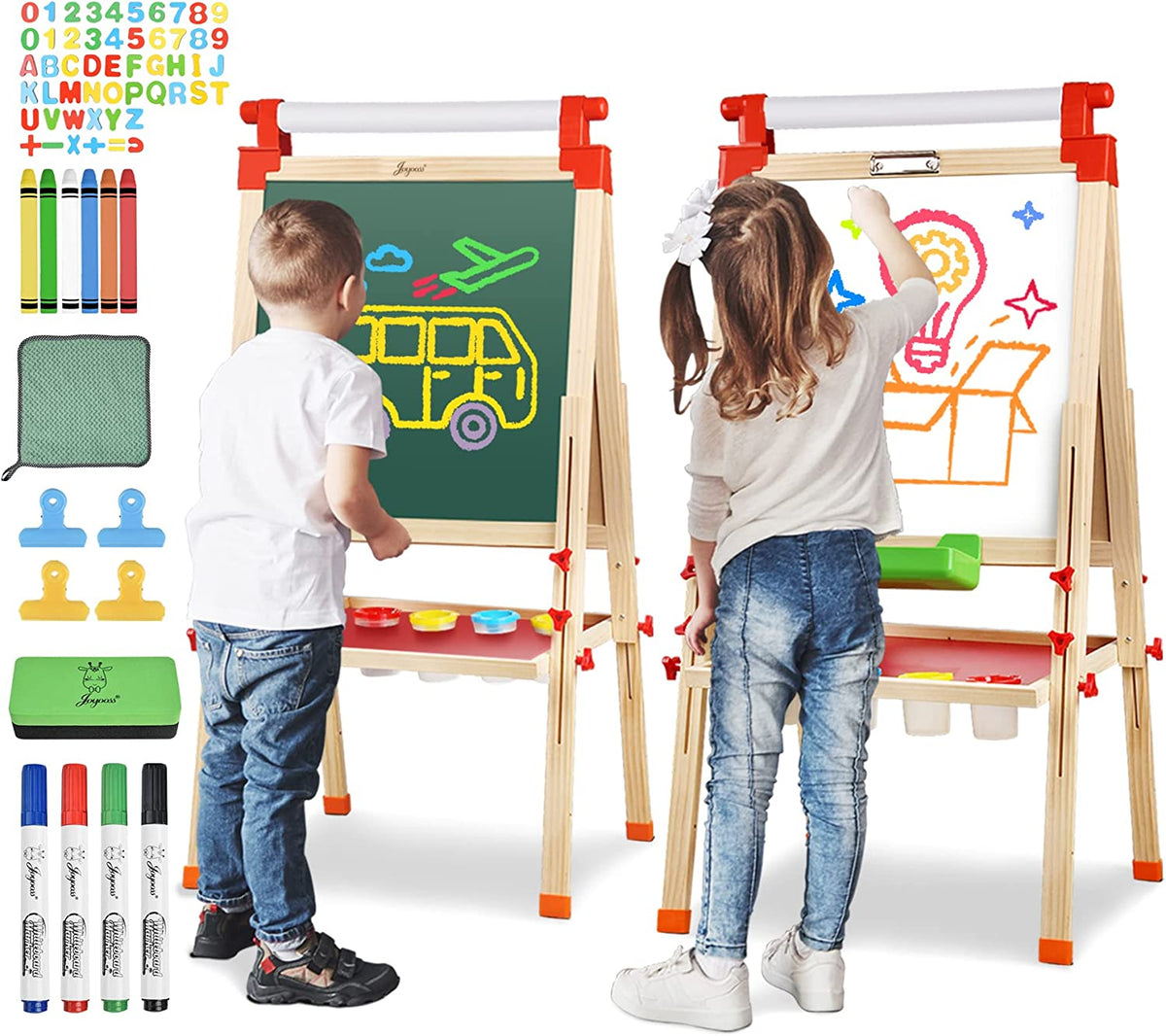 Joyooss Kids Wooden Easel with Extra Letters and Numbers Magnets, Adjustable Double Sided Drawing Board Whiteboard & Chalkboard Dry Easel Board, Children Art Easel for Boys Girls Painting Drawing