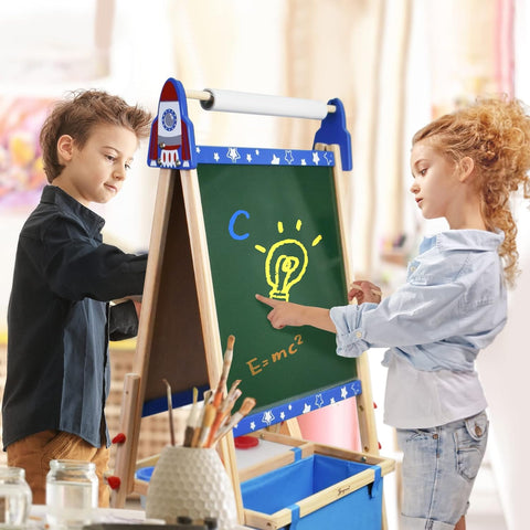 JOYOOSS Kids Wooden Easel with Paper Roll Adjustable Magnetic Double Sided Drawing Board Whiteboard & Chalkboard Dry Easel Board