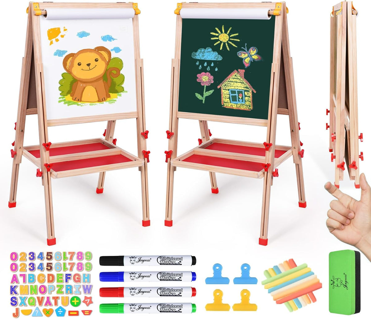 Joyooss Art Easel for Kids with Double-Sided Magnetic, Wooden Standing Kids Easel with Dry Erase Whiteboard & Chalkboard, Height Adjustable Children Easel with Paper Roll, Bonus Toddler Art Supplies