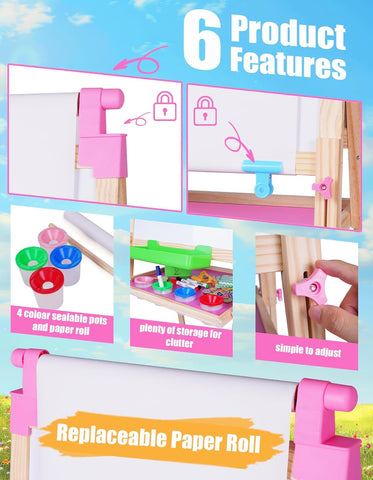 Kids Easel Wooden Double-Sided with Paper Roll Joyooss 126 PINK