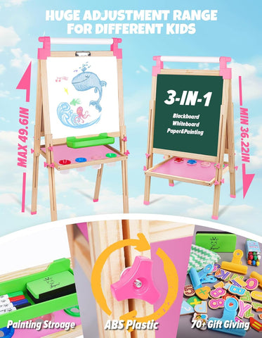 Kids Easel Wooden Double-Sided with Paper Roll Joyooss 126 PINK