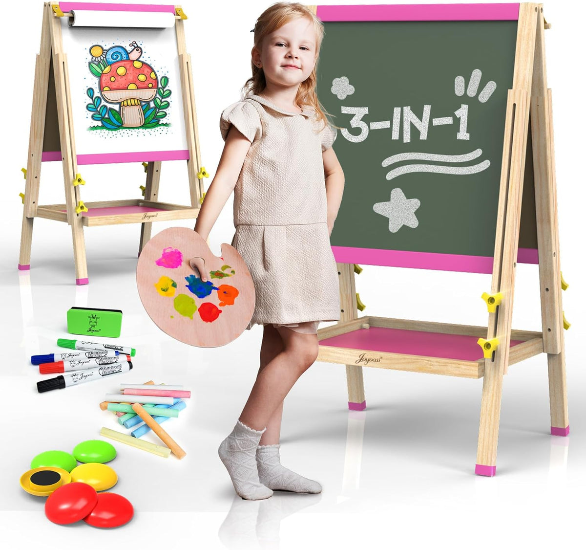 JOYOOSS Easel for Kids Art Easel Kids Easels for Toddlers Easel for 2 Year Old, Dual-Sided Adjustable Wooden Easel Magnetic Board for Kids Easel for Toddlers 2-4 Years and Art Easel for Kids Ages 4-8