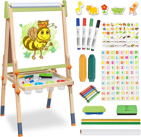 Joyooss Art Easel for Kids, Double-Sided Magnetic Easel for Children with Whiteboard & Chalkboard, Deluxe Standing Easel for Toddler with Paper Roll & Painting Accessories