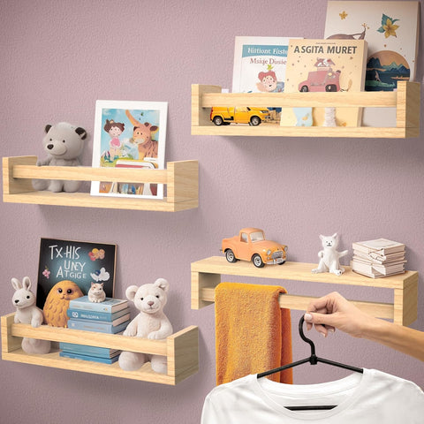 Joyooss Set of 4 Wall Bookshelf for Kids Room Decor-Wood color Floating Book Shelves 23.6Inch