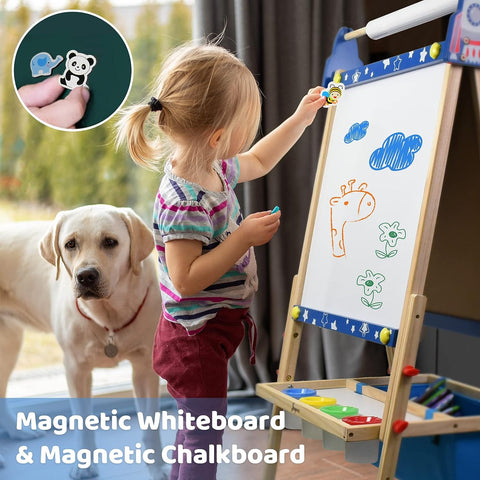 JOYOOSS Kids Wooden Easel with Paper Roll Adjustable Magnetic Double Sided Drawing Board Whiteboard & Chalkboard Dry Easel Board