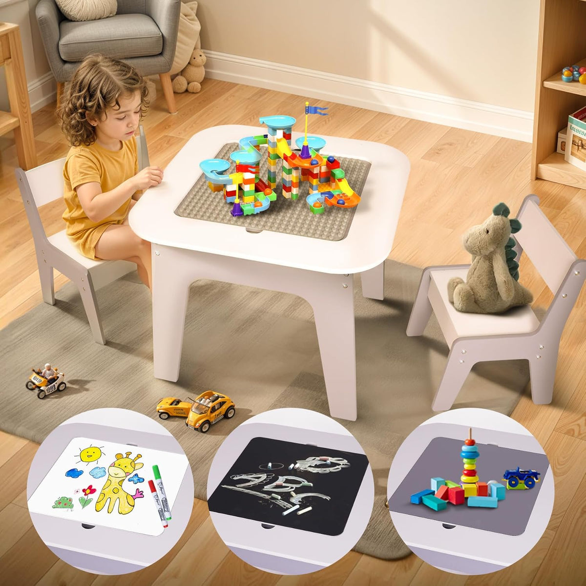 JOYOOSS Wooden 4 in 1 Toddler Table and Chair Set Kids Construction Train Table Toddler Table and 2 Chairs Set with Storage Drawers, Kids Table Compatible with Lego Table with Storage and Duplo Bricks