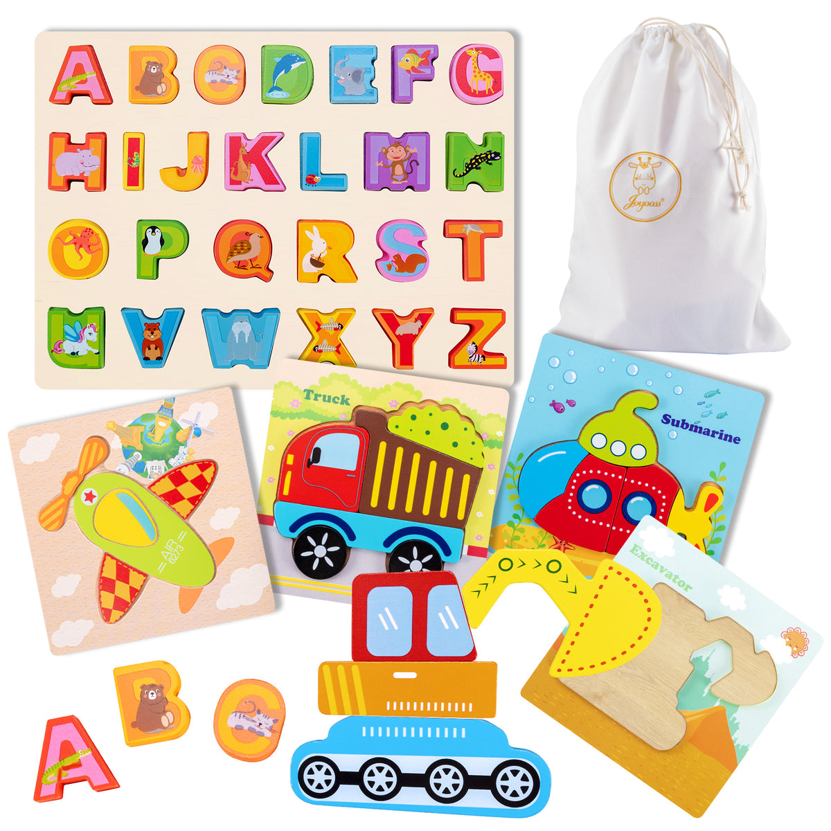 JOYOOSS Wooden Puzzles for Toddlers, Jigsaw Puzzle Board, Boys & Girls Educational Wooden Toys with Storage Bag - Transportation & Alphabet - 5 Pack
