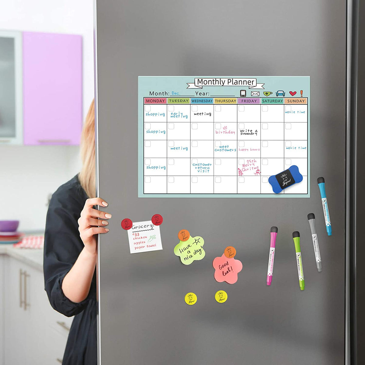 JOYOOSS Magnetic Dry Erase Calendar Whiteboard Sheet Monthly Planner 12 x 17 inch with Markers, Eraser & Magnets