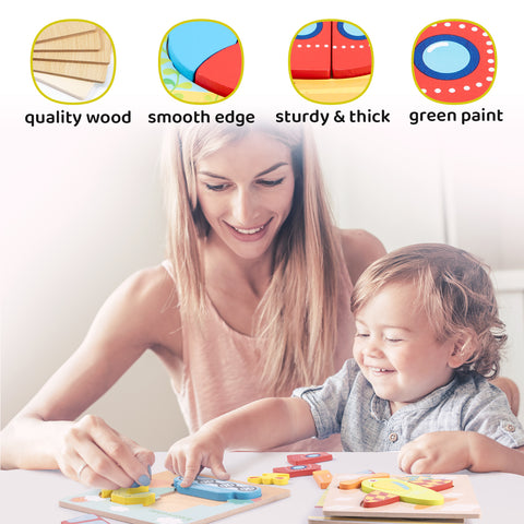 JOYOOSS Wooden Puzzles for Toddlers, Jigsaw Puzzle Board, Boys & Girls Educational Wooden Toys with Storage Bag - Transportation & Alphabet - 5 Pack