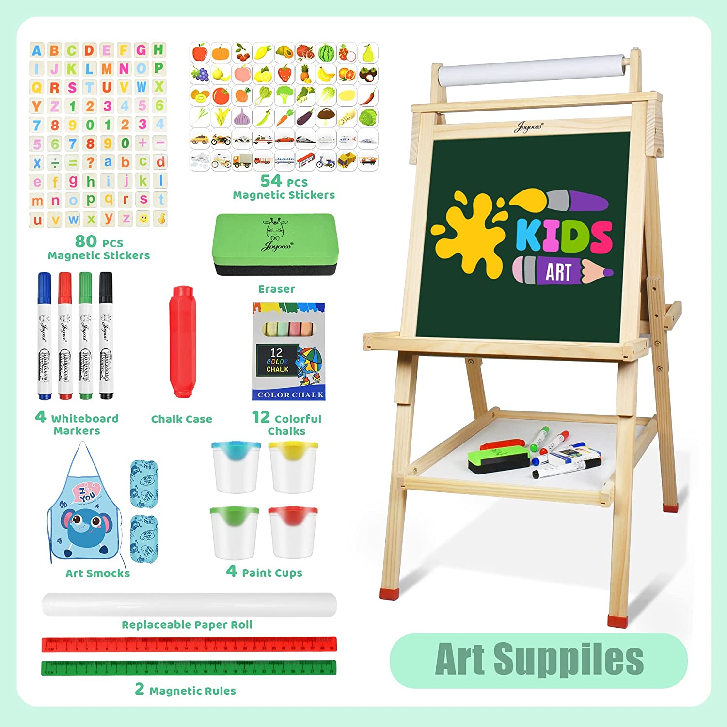 Kids Wooden Easel with Paper Roll,Adjustable Double Sided Wooden Kids Easel Drawing Board with Magnetic Chalkboard,Paint Art Set for Kids Toddlers 2