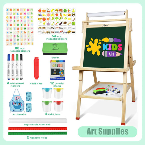 Joyooss Art Easel for Kids with Double-Sided Magnetic, Wooden Standing Kids Easel with Dry Erase Whiteboard & Chalkboard, Height Adjustable Children Easel with Paper Roll, Bonus Toddler Art Supplies
