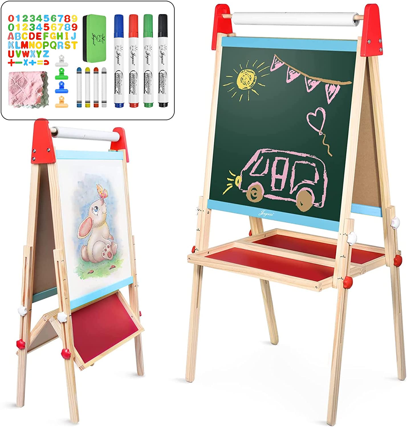 Joyooss Easel for Kids, Wooden Whiteboard & Chalkboard Easel, Foldable Height Adjustable Double Sided Art Easel for Toddlers with Paper Roll, Magnetic Letters, Marker