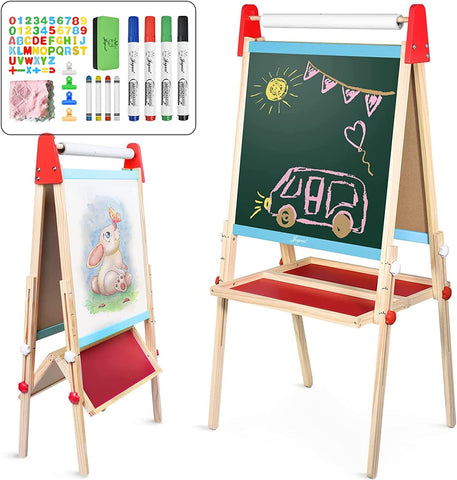 Joyooss Wooden Kid Easel with Paper Roll, Double Sided Magnetic Chalkboard and Whiteboard, Children Art Easel Adjustable Height 37-50inch, Drawing ea