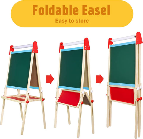 Joyooss Easel for Kids, Wooden Whiteboard & Chalkboard Easel, Foldable Height Adjustable Double Sided Art Easel for Toddlers with Paper Roll, Magnetic Letters, Marker
