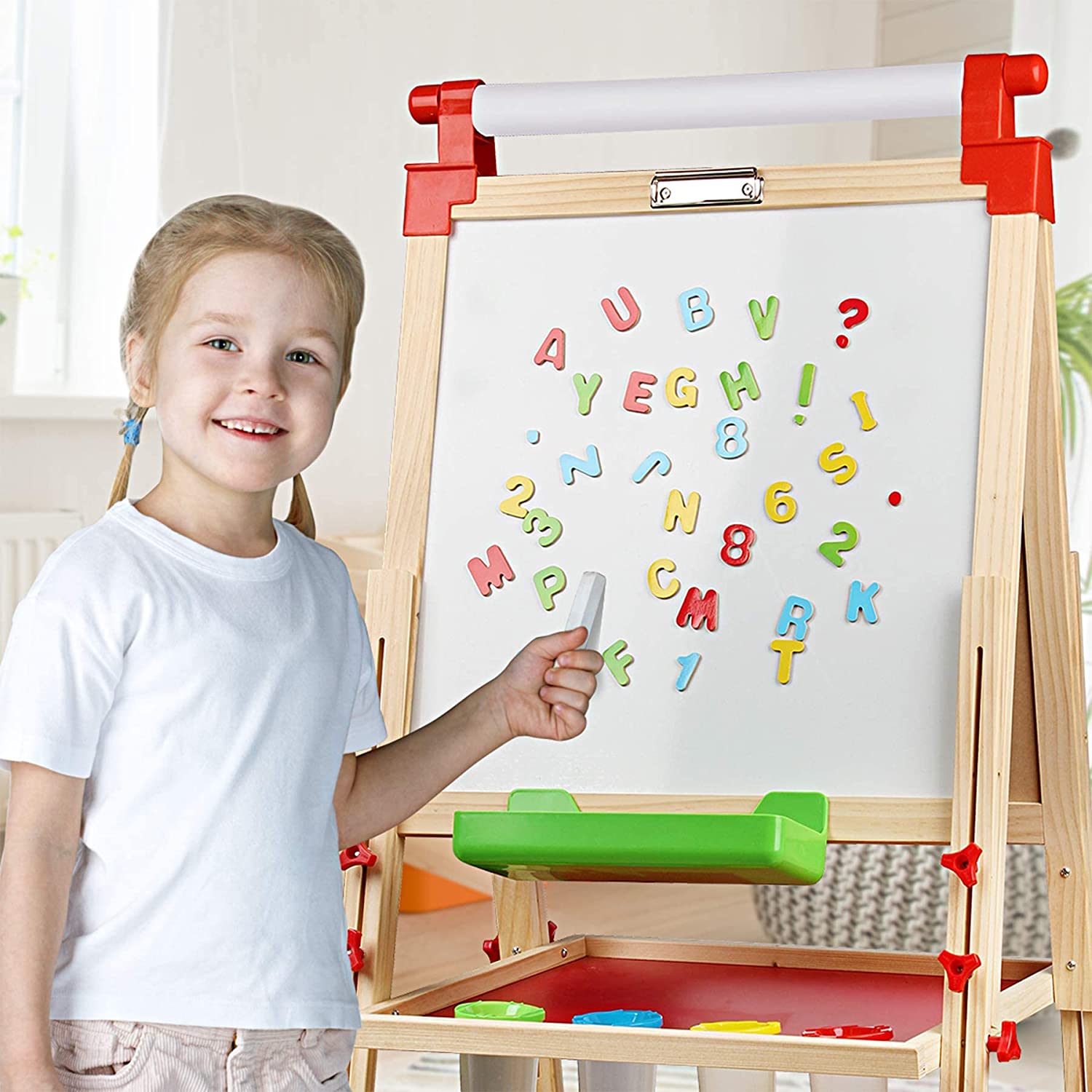 Joyooss Wooden Kid Easel with Paper Roll, Double Sided Magnetic Chalkboard and Whiteboard, Children Art Easel Adjustable Height 37-50inch, Drawing ea