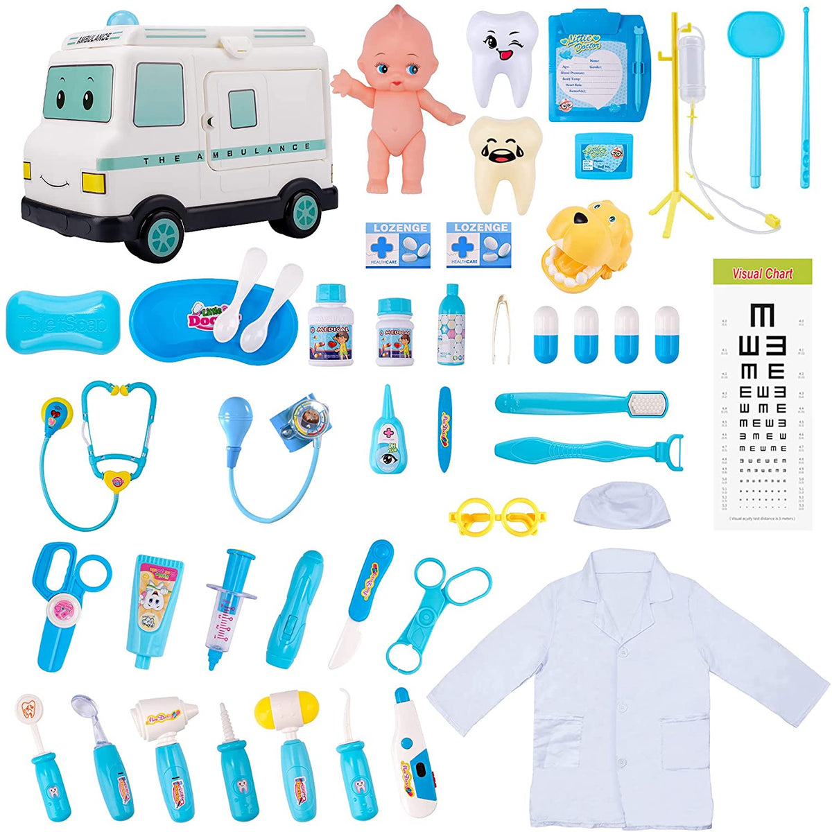 Joyooss Kids Play Pretend Doctor Toy, 47pcs Toddler Medical Role Play Equipment, Dentist Kits with Dress Up Medical Costume, Packed in Ambulance Playset - Blue