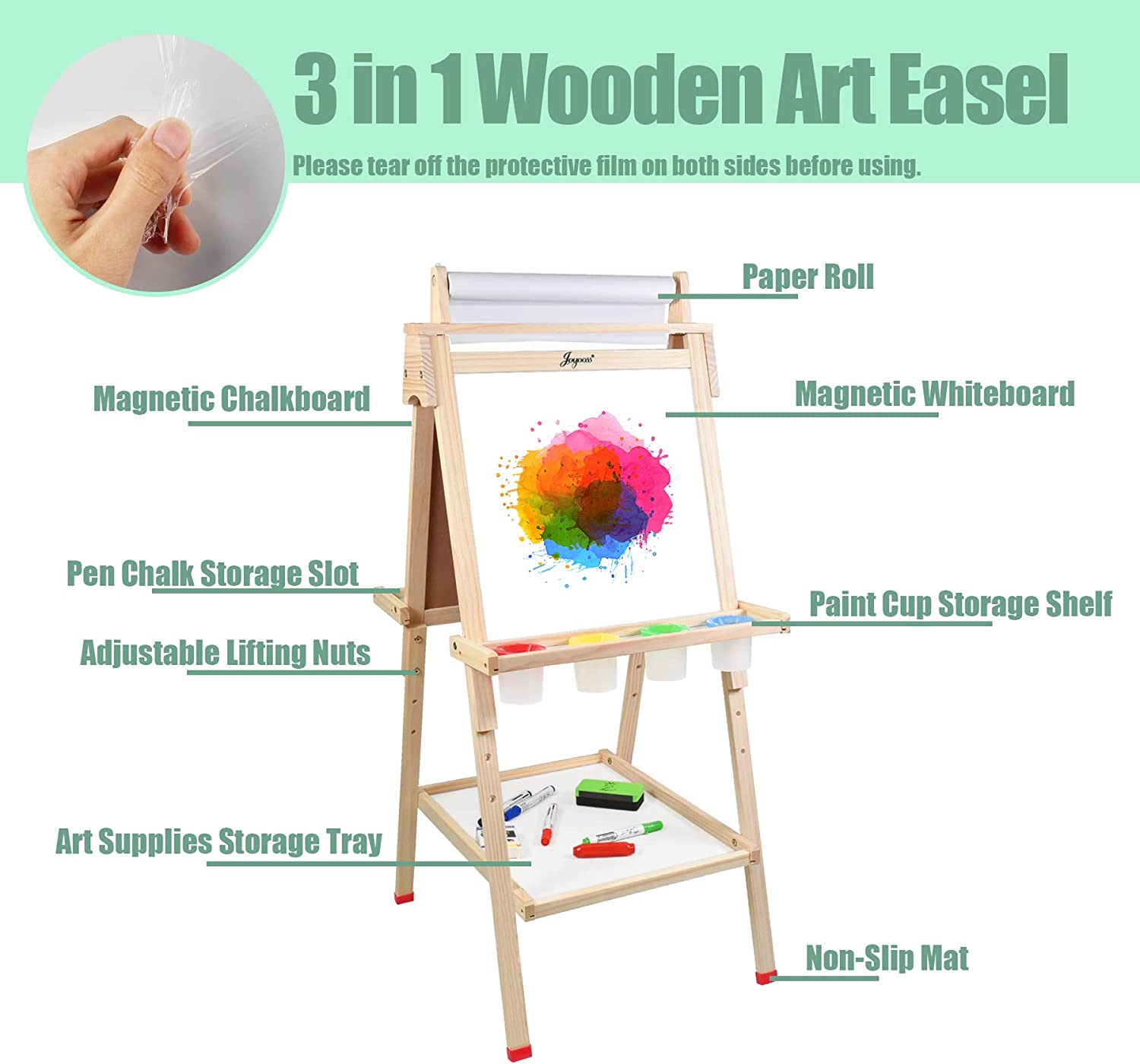 Wooden Kids Easel,Art Easel with Paper Roll Double-Sided Whiteboard &  Chalkboard