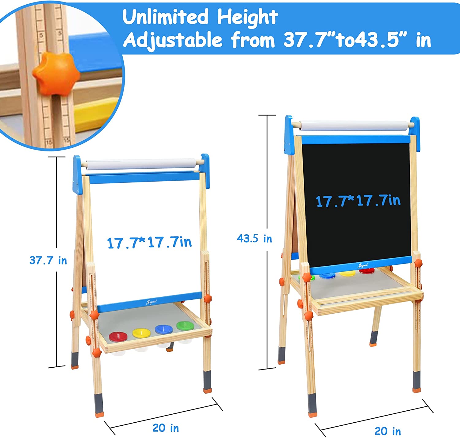 OHKIDS Art Easel for Kids, Doubled Sided Wooden Drawing Board for Toddlers,  Magnetic Chalkboard & Whiteboard, Height Adjustable & Easy Fold, Paper