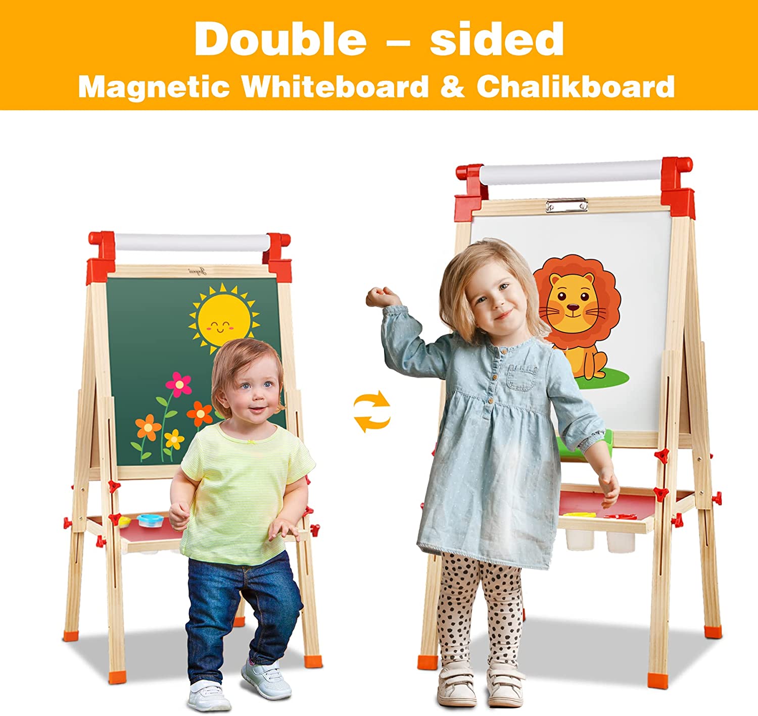 Aomola Kids Tabletop Easel with Paper Roll,Double-Sided Whiteboard &  Chalkboard Tabletop Easel with Magnetic Letters & Numbers and Other  Magnetic