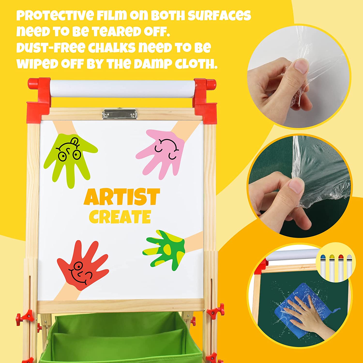 Joyooss Easel for Kids with Paper Roll, Double-Sided Magnetic Chalkboard & Whiteboard 3 in 1 Wooden Easel with Bonus Art Supplies Storage Box for 3-12 Years