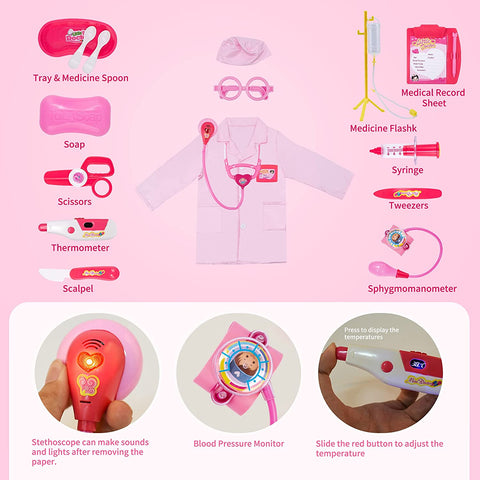 Joyooss Kids Play Pretend Doctor Toy, 47pcs Toddler Medical Role Play Equipment, Dentist Kits with Dress Up Medical Costume, Packed in Ambulance Playset - Pink