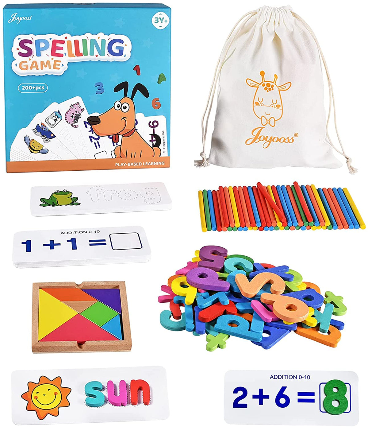 Joyooss Learning Flash Cards, Counting Sticks Cards Spelling Game for Toddler, Letters & Numbers Matching Toy, Educational Math Teaching Tools for Kids with Tangram & Storage Bag