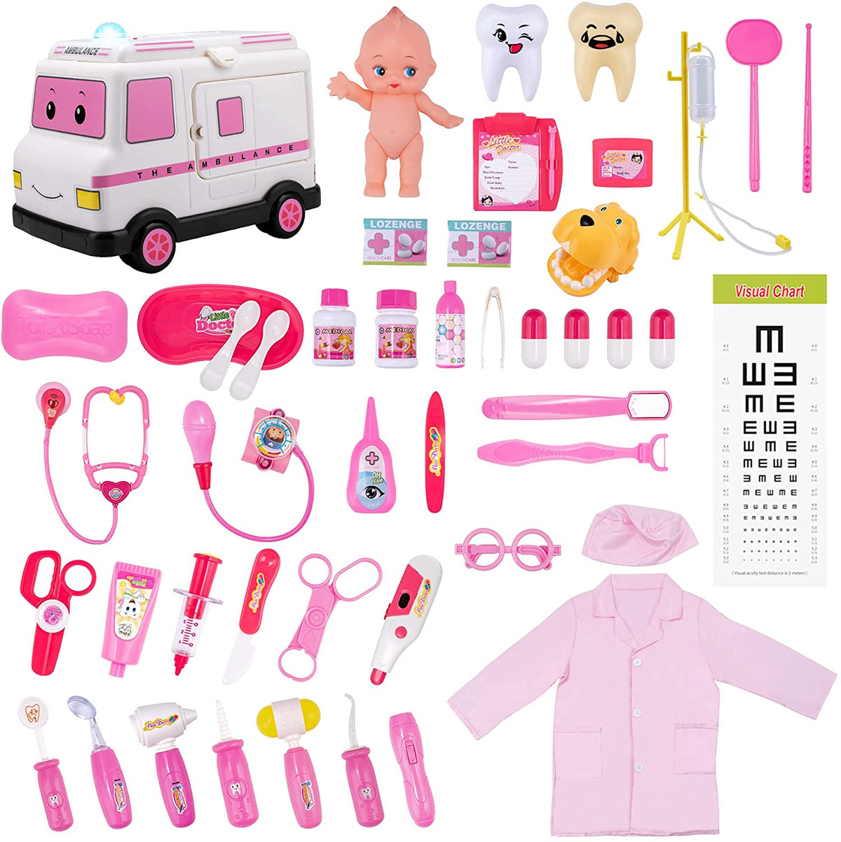 Joyooss Kids Play Pretend Doctor Toy, 47pcs Toddler Medical Role Play Equipment, Dentist Kits with Dress Up Medical Costume, Packed in Ambulance Playset - Pink