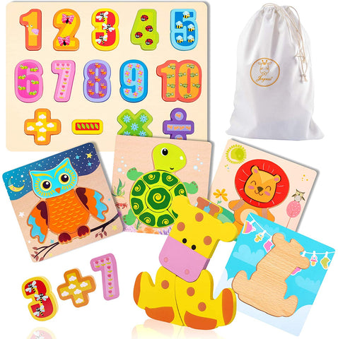 JOYOOSS Wooden Preschool Puzzles Wooden Animal Number Puzzles for Toddlers Puzzles Boards with Storage Bag - 5 Pack
