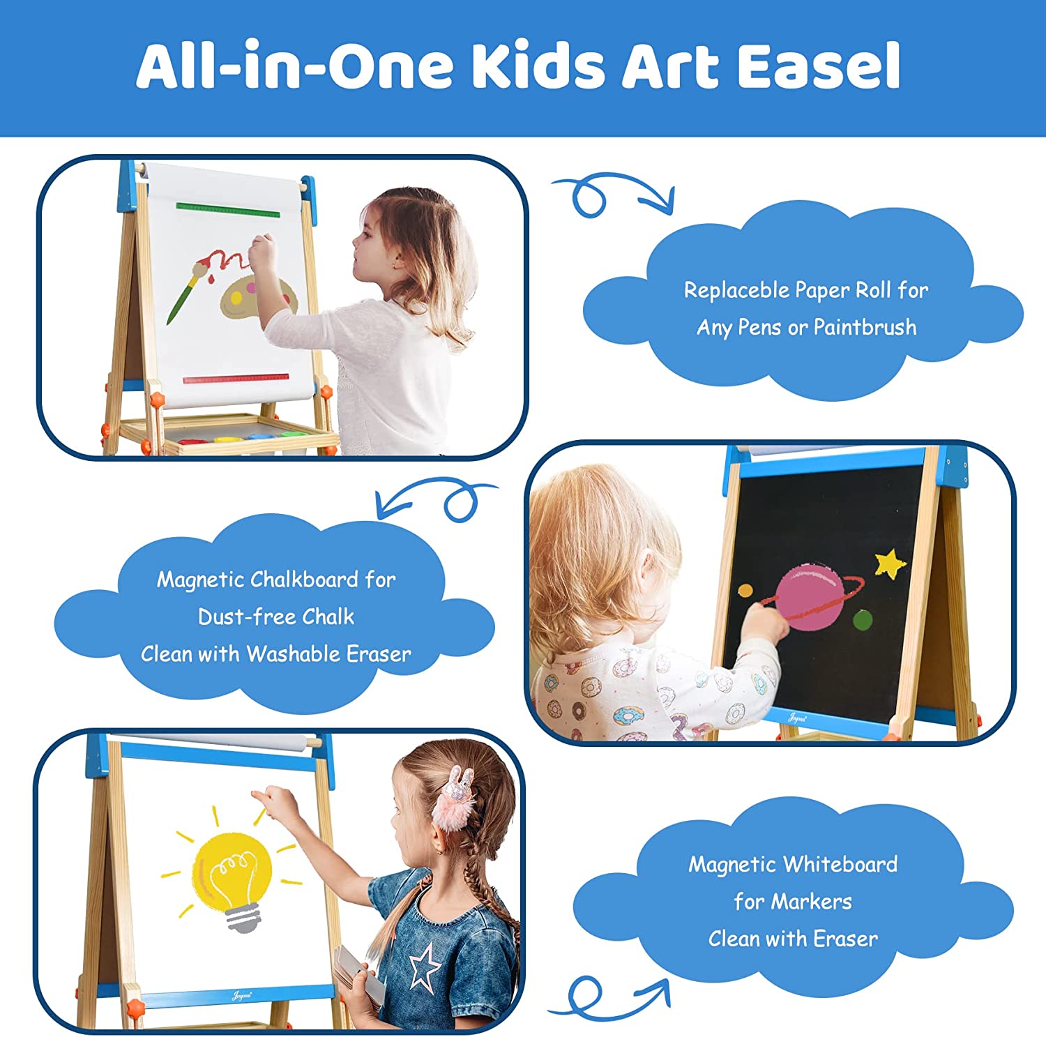 Joyooss Art Easel for Kids, Adjustable Standing Kids Easel with Magnetic  Whteboard & Chalkboard, Bonus 98+ Art Supplies Child's Easel with 2 Paper
