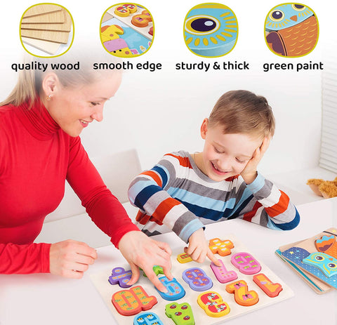 JOYOOSS Wooden Preschool Puzzles Wooden Animal Number Puzzles for Toddlers Puzzles Boards with Storage Bag - 5 Pack