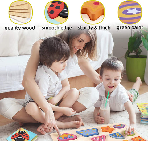 JOYOOSS Toddler Puzzles, Wooden peg Puzzles for Kids, Puzzle Boards with Drawstring Storage Bag - Insect & Shape - 5 Pack