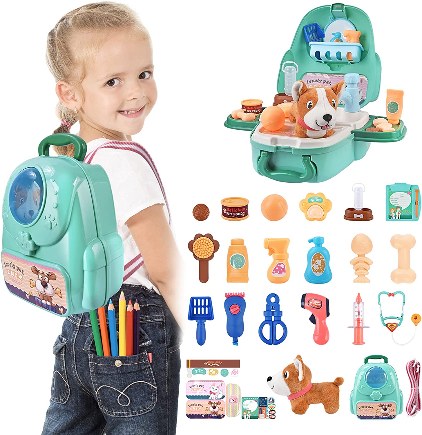 Joyooss Kids Pet Dog Carrier Backpack Doctor Toy, 20PCS Pet Kit Vet Role Pretend Play Set Equipment, Pet Care Feeding Grooming Medical Toy for Toddlers Boys Girls Ages 3-7