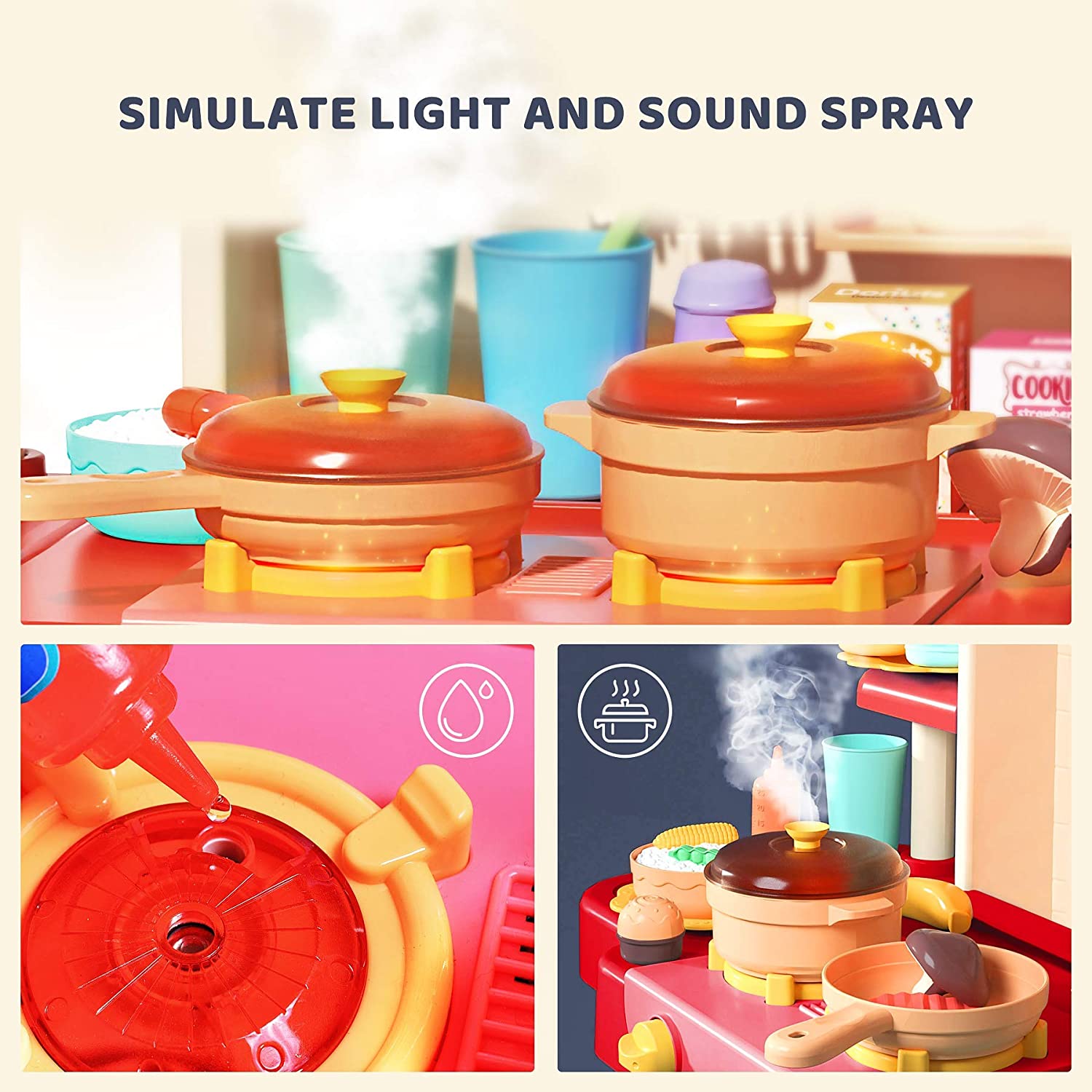 JOYOOSS Kitchen Toy for Kids with 134pcs Kitchen Playset Accessories, Pretend Steam Light & Sound Stove, Play Sink, Color Changing Play Food, Extra Birthday Cake and Egg Cooker for Toddlers