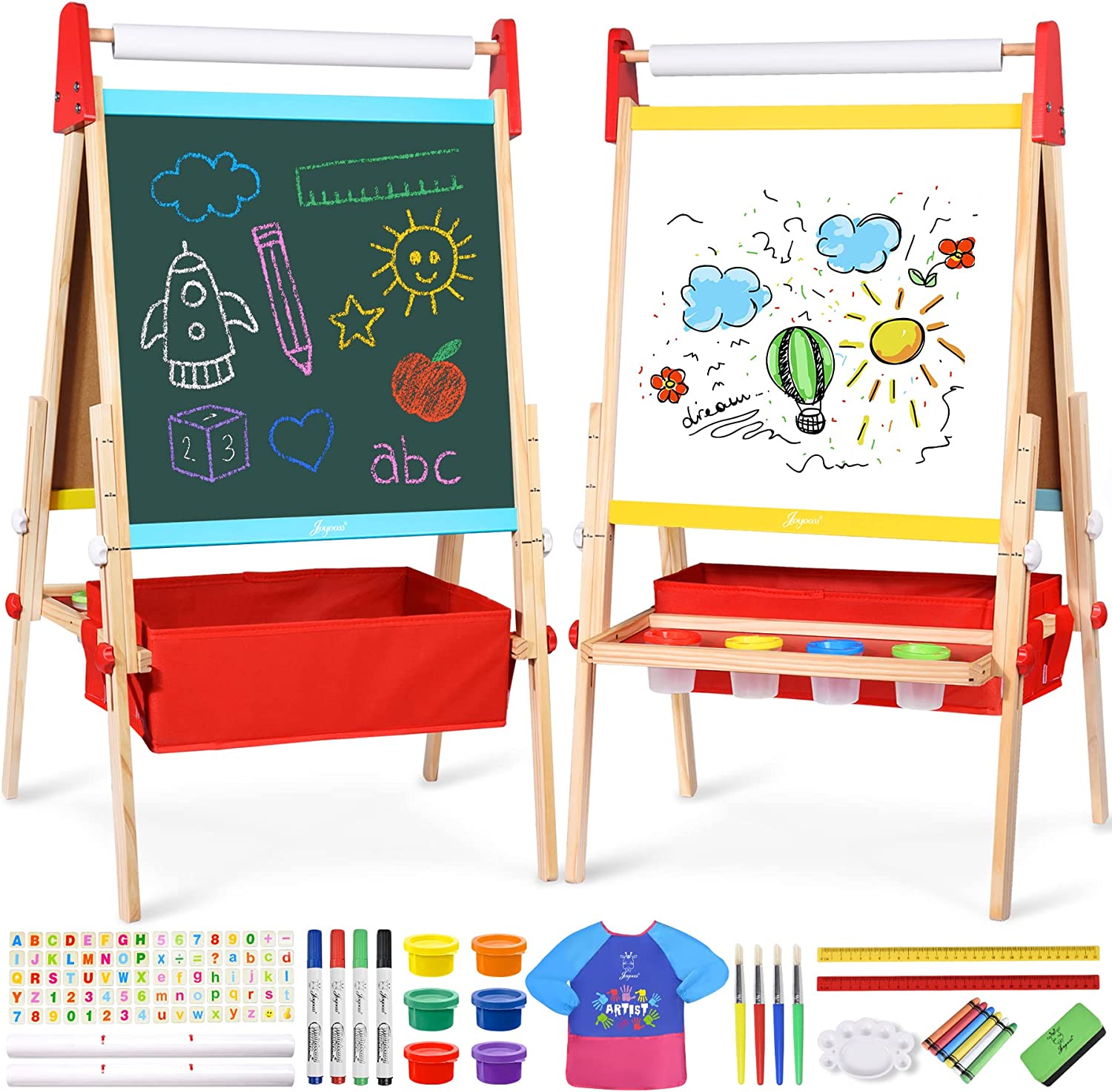 Joyooss Deluxe Art Easel for Kids with 2 Paper Rolls, 6 Finger Paints & Painting Supplies Accessories, Double Sided Magnetic Kids Easel , Height Adjustable Chalkboard & Whiteboard Children Easel