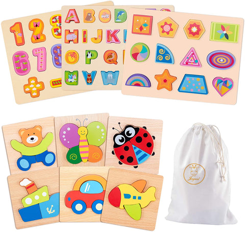JOYOOSS 9 PCS Kids Wooden Puzzle Wooden Letter Shape Number Puzzles for Toddlers, Transportation, Insect and Animal Puzzles with Storage Bag