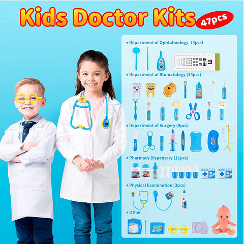 Joyooss Kids Play Pretend Doctor Toy, 47pcs Toddler Medical Role Play Equipment, Dentist Kits with Dress Up Medical Costume, Packed in Ambulance Playset - Blue