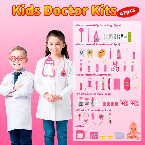 Joyooss Kids Play Pretend Doctor Toy, 47pcs Toddler Medical Role Play Equipment, Dentist Kits with Dress Up Medical Costume, Packed in Ambulance Playset - Pink